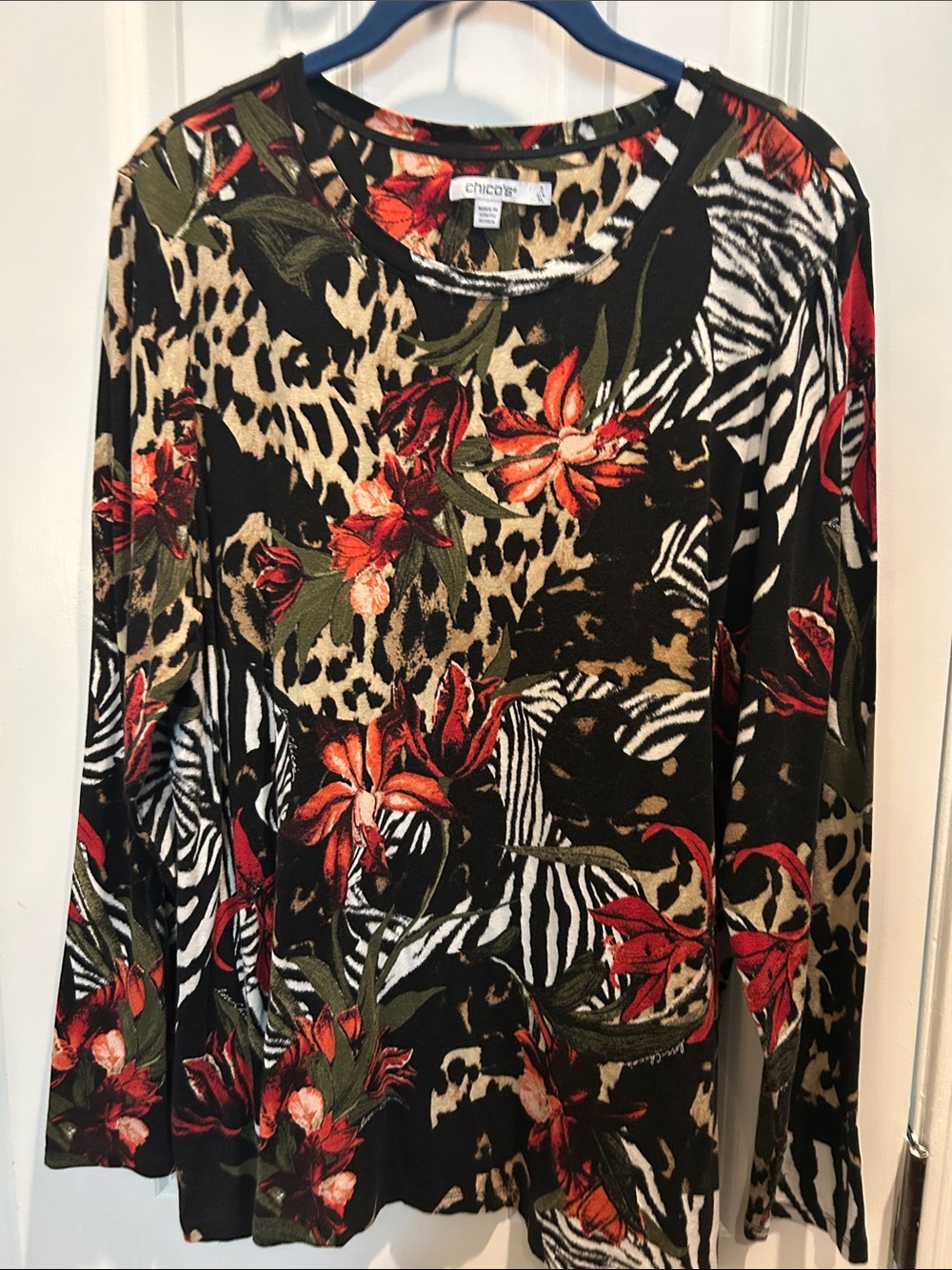 Chico's Black Floral & Animal-Print Long Sleeve Tee with Red and Olive Accents